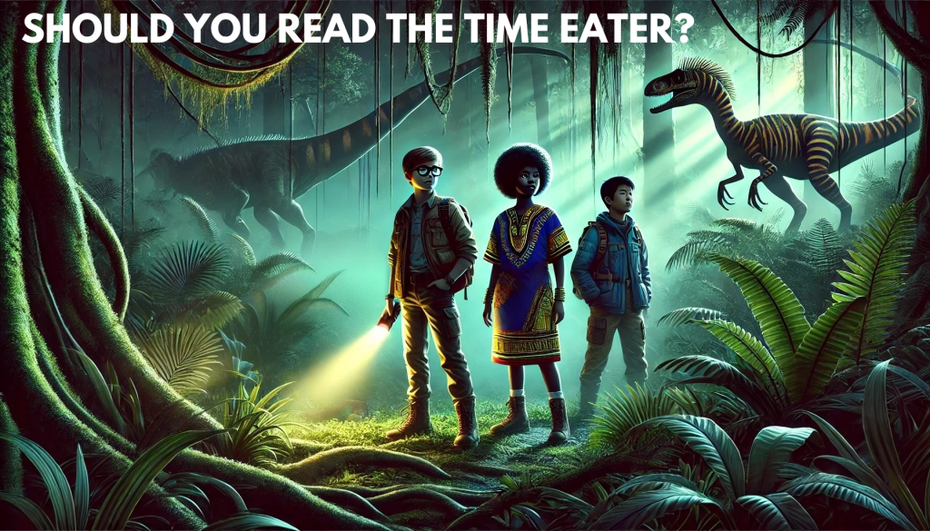 Image of The Time Eater Characters with a Prompt to Listen to the Fossil Hunter Podcast
